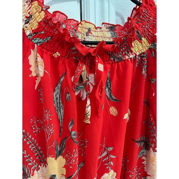 Red Floral Off Shoulder Dress With Smocked Waist Sheer Sleeves Sz Medium - Picture 5 of 11